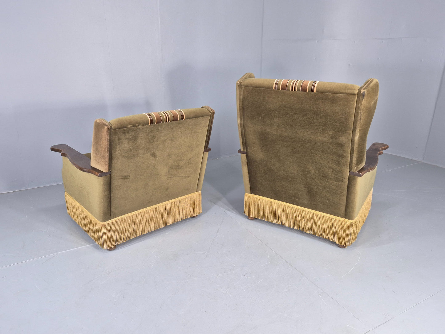 2 Vintage Danish 1970s Lounge Chairs Oak Kjaernulf Arms Green Stripe EB12686