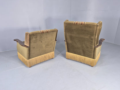 2 Vintage Danish 1970s Lounge Chairs Oak Kjaernulf Arms Green Stripe EB12686