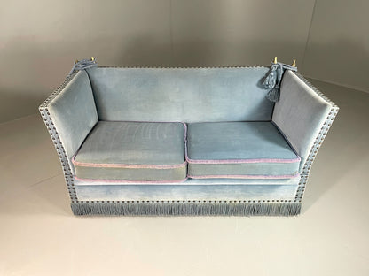 Vintage 2 Seater Knole Sofa Danish Blue Velvet Velour 1950s Tassles Trim EB06007