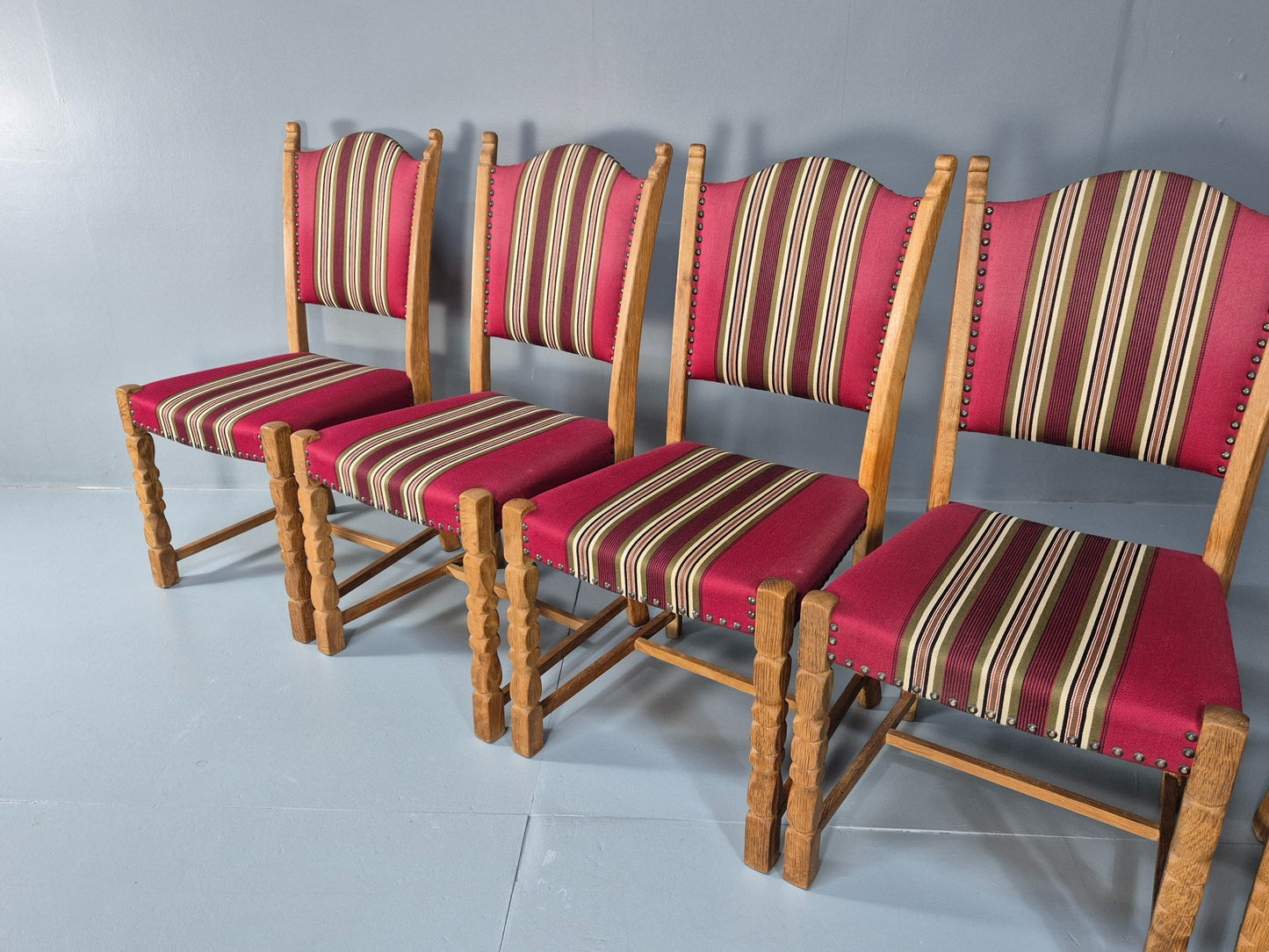 6 Vintage Kjaernulf Style Danish Oak Dining Chairs 1970s Retro Red Wool EB9535