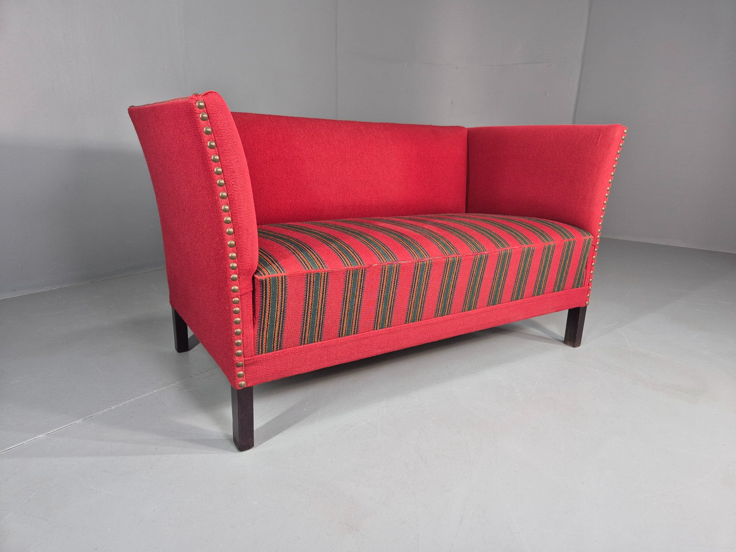 Vintage Danish 2 Seat Sofa Red Stripe Wool 1950s Retro Mid Century EB12735