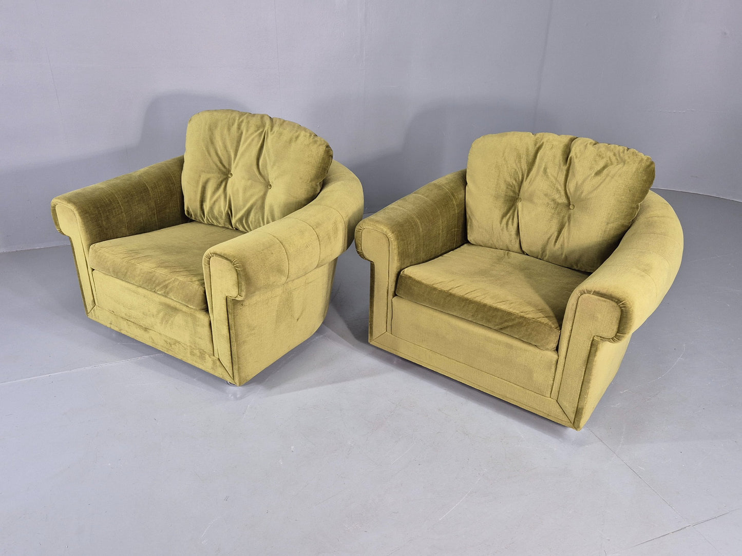 2 Vintage 1970s Lounge Chairs Danish Design Green Velvet Velour Retro EB12640