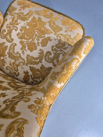 Vintage Danish 1970s Bedroom Tub Chair Gold Floral Flock Tassels EB12685