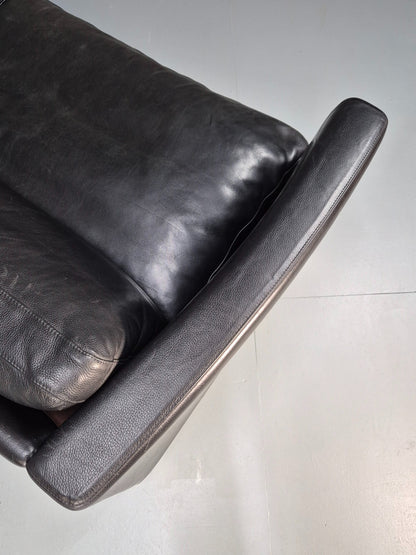 Vintage 3 Seater Stouby Sofa 1990s Black Leather Steel Legs Retro MCM  EB09079