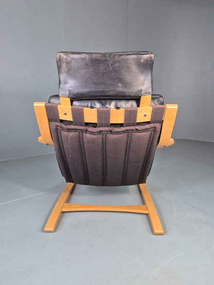 Vintage 1970s Danish Lounge Chair Black Leather and Bentwood MCM Retro EB13082