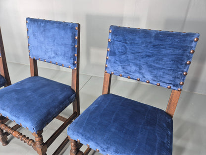 Antique Louis XIII Style Oak Dining Chairs Blue Velour Upholstery EB12795
