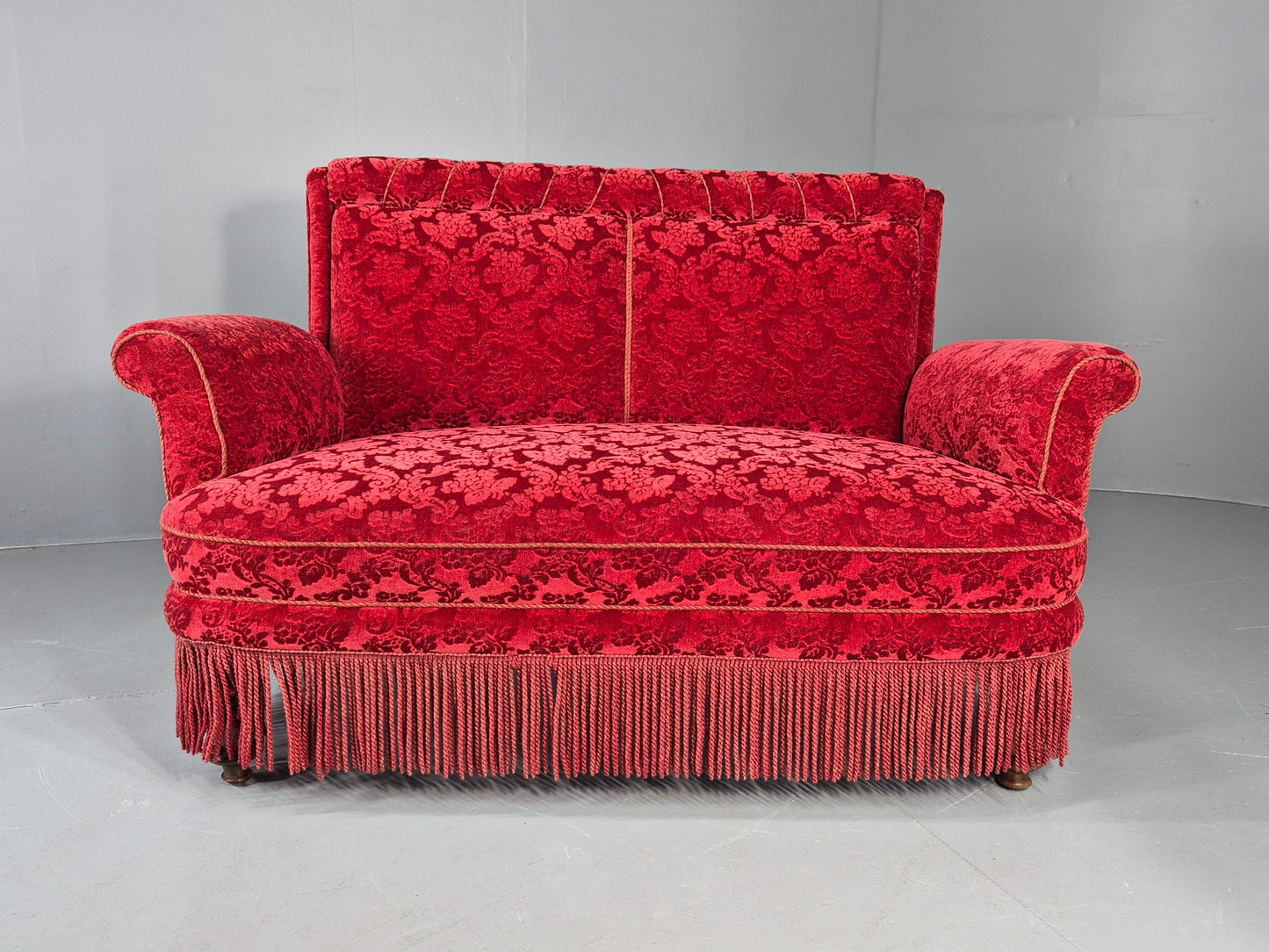 Vintage Antique 2 Seat Sofa Danish Red Moquette Tassels 1920s  EB12746