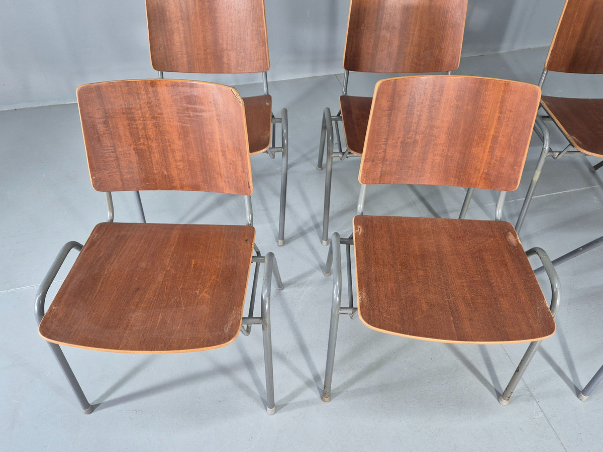 6 Vintage Danish Industrial Chairs Mid Century Teak and Steel Retro EB12666