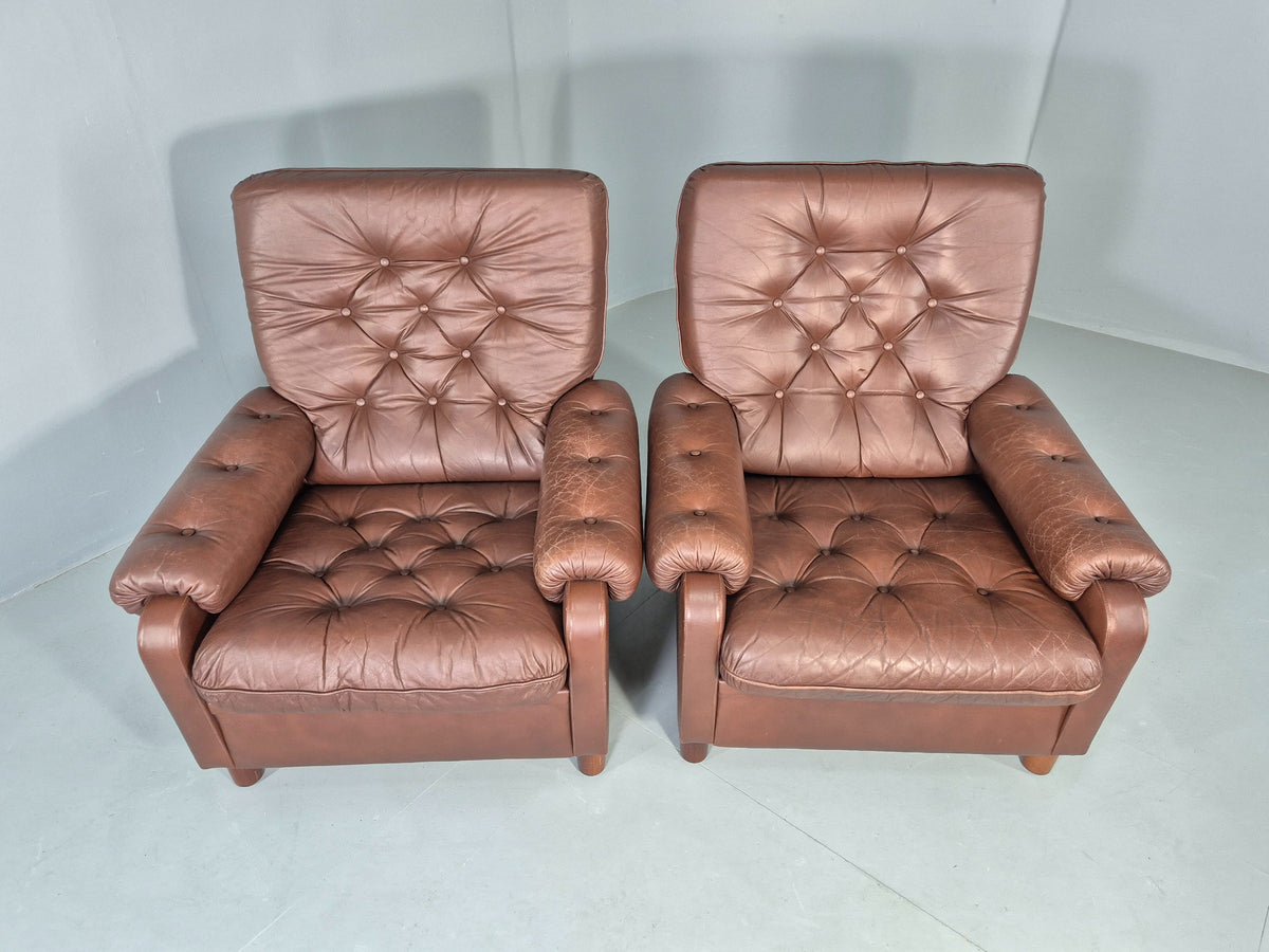 2 Vintage Leather Lounge Chairs 1970s Danish Design Buttoned Retro EB13132