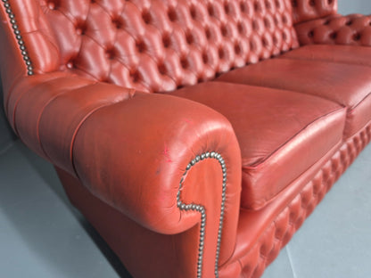 Vintage Highback Chesterfield 3 Seater Sofa 70s Danish Retro Red Leather EB12374