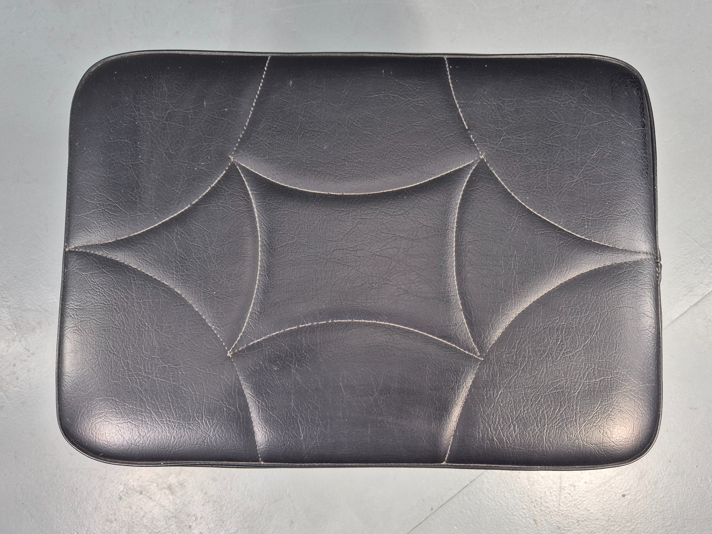 Vintage Mid Century Footstool Danish Black Vinyl Teak Legs Stitch Detail EB12031