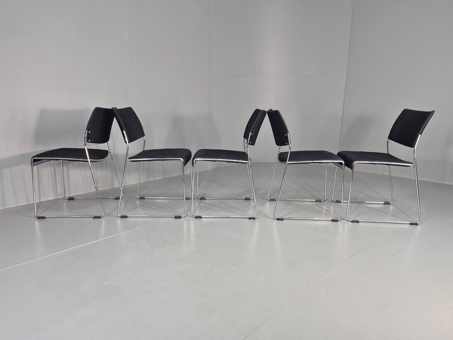 5 Vintage Stacking Chairs Chrome Rod and Black Cloth Brunner Brand EB12003