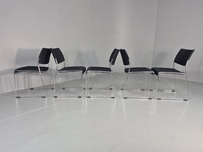 5 Vintage Stacking Chairs Chrome Rod and Black Cloth Brunner Brand EB12003