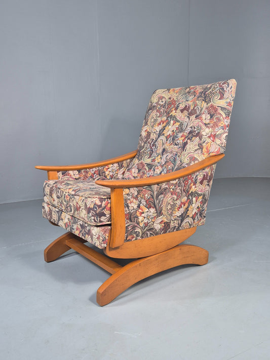 Vintage Mid Century Rocking Chair Floral Print Synthetic Fabric 1970s EB12920