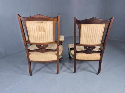 2 Antique Mahogany Saloon Chairs Green and Cream Upholstery Edwardian EB12792