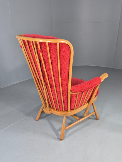Ercol Evergreen Vintage Lounge Chair High Back Red Chenille Retro EB12859