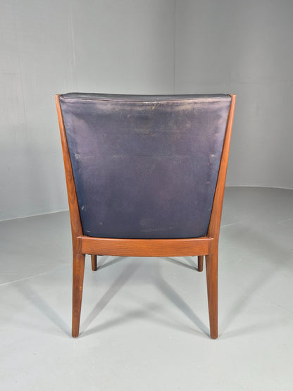Vintage Mid Century Teak Armchair Blue Leather 1960s Retro EB11905