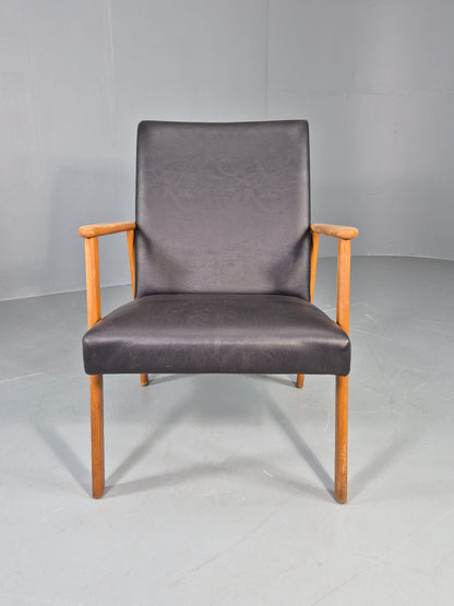 Vintage Teak Mid Century Lounge Chair 1960s Retro Black Vinyl  EB12690