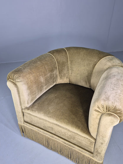Vintage Danish Art Deco Tub Chair Green Velour Tassels 1940s  EB12710