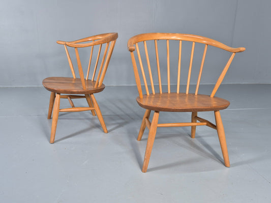 2 Ercol Cowhorn Elbow Chairs Blonde Wood 1960s Short Legged Retro MCM EB12459