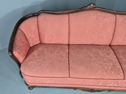 Vintage Danish Art Deco 3 Seater Sofa Carved Hardwood Frame Pink Damask EB12742