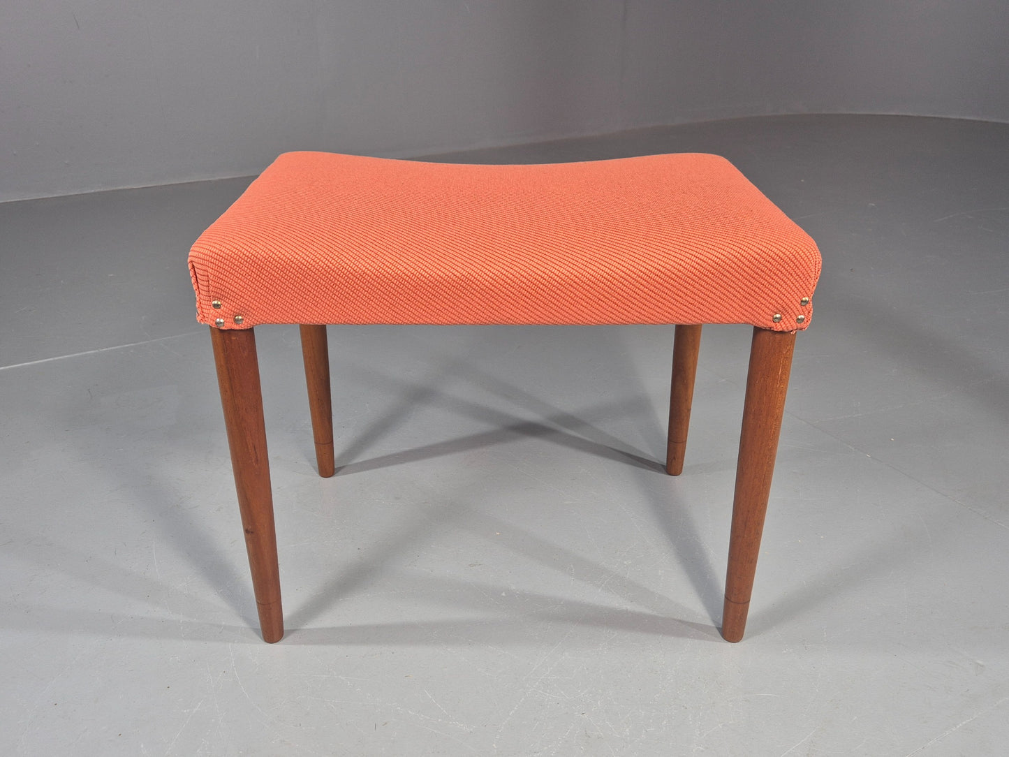 Vintage Mid Century Footstool Danish Design Peach Upholstery Teak Legs  EB12050