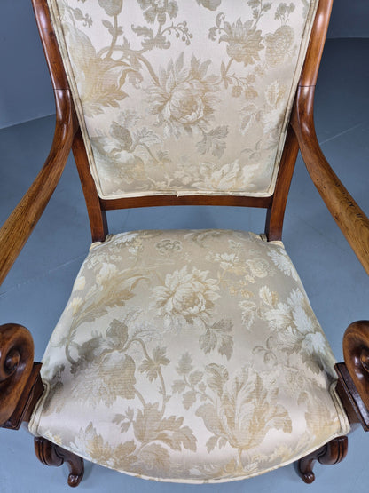 Antique Mahogany Arm Chair Louis Phillipe Style Floral Damask EB12857