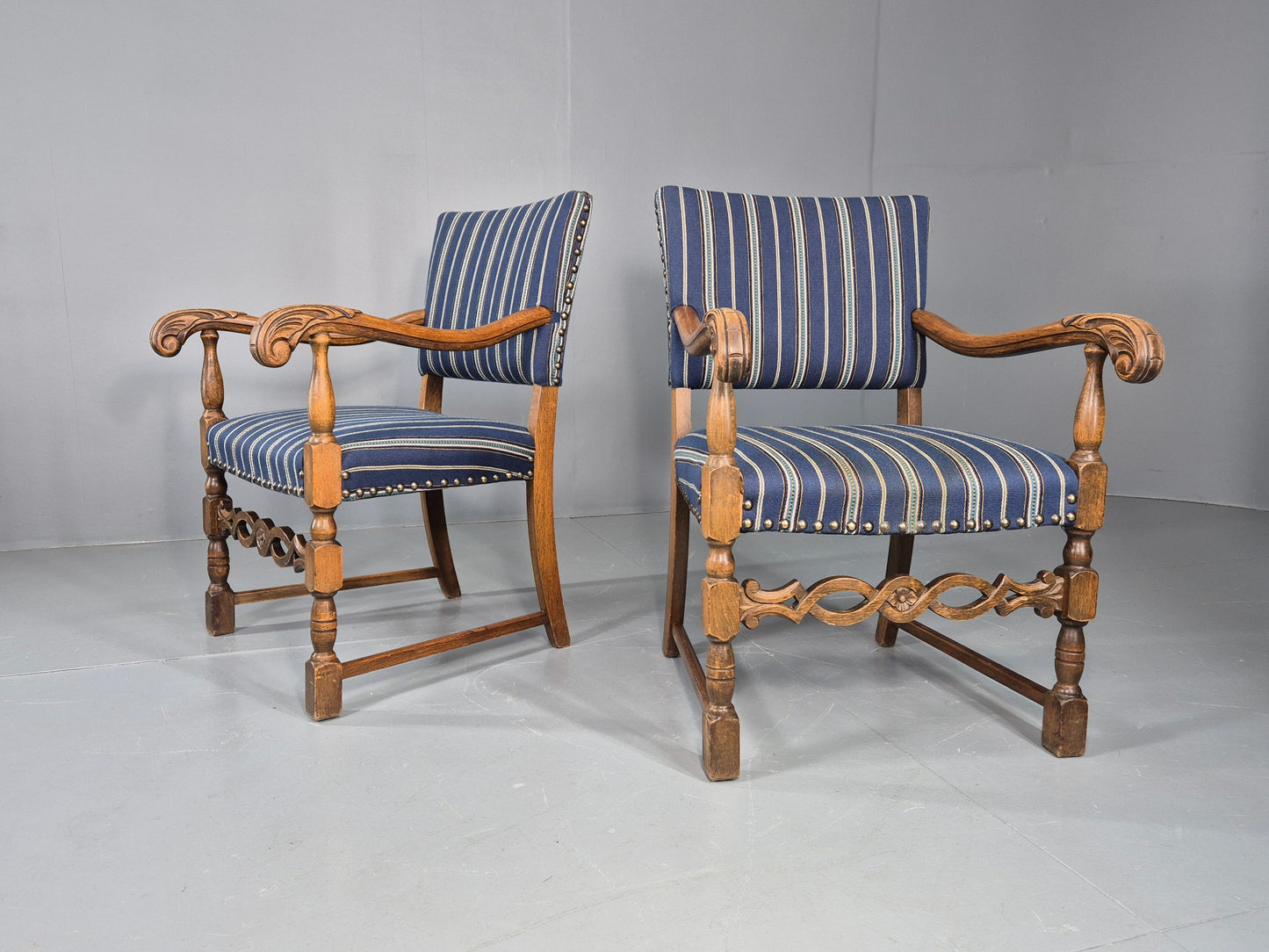 2 Vintage Danish Baroque Style Oak 1950s Elbow Chairs Blue Wool Stripe EB12647