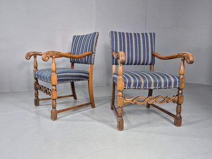 2 Vintage Danish Baroque Style Oak 1950s Elbow Chairs Blue Wool Stripe EB12647