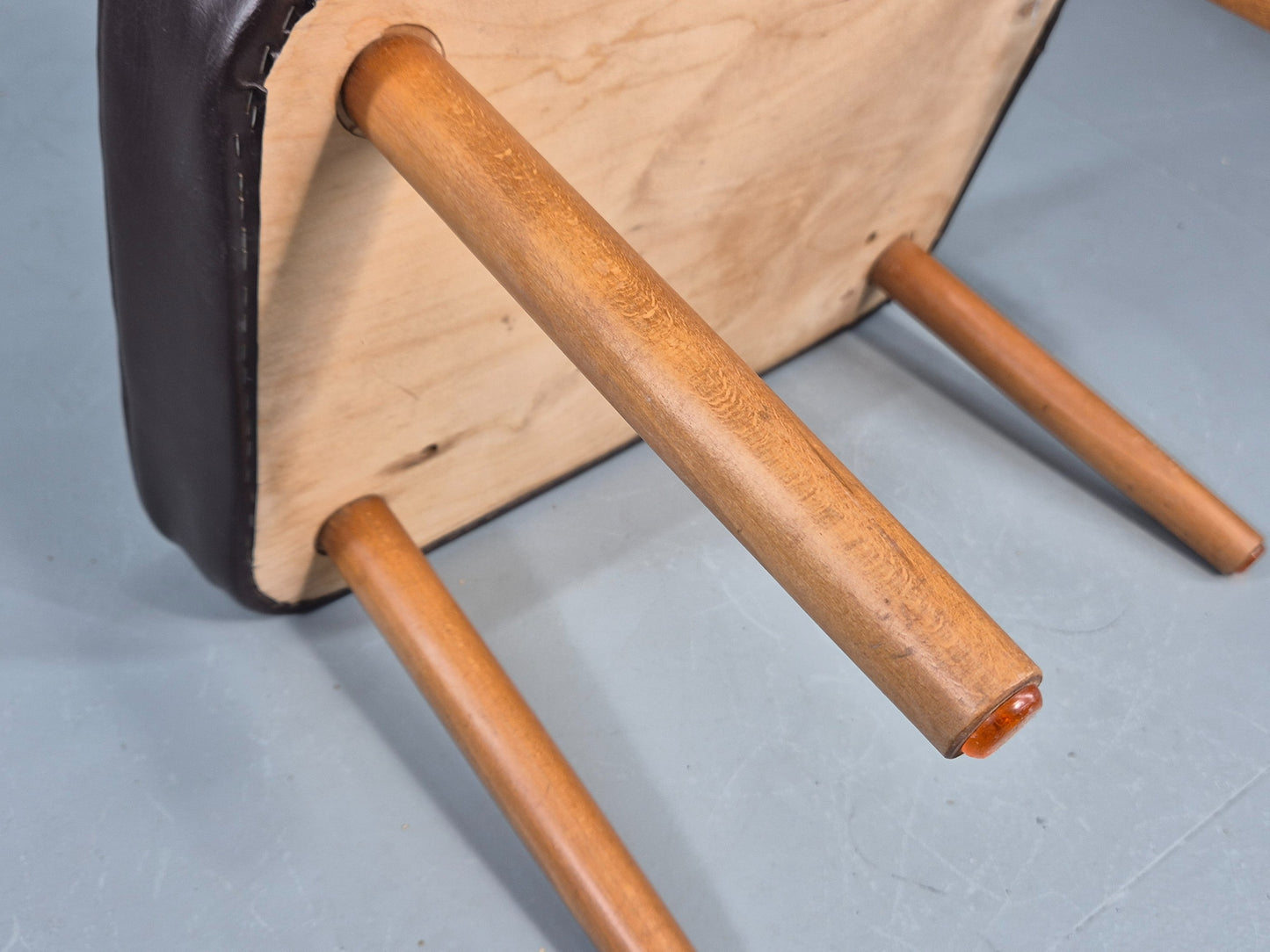 Vintage Danish Mid Century Footstool Brown Vinyl Beech Legs 1960s Retro EB12096