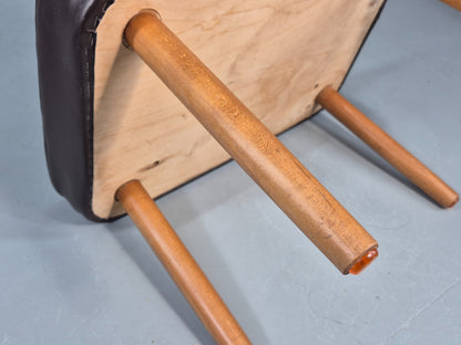 Vintage Danish Mid Century Footstool Brown Vinyl Beech Legs 1960s Retro EB12096
