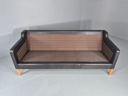 Danish Mid-Century 3-Seater Black Leather Sofa — Vintage Mogensen Style, Solid Wood Frame