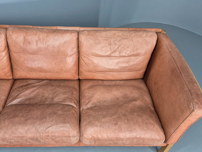 Vintage 3 Seater Sofa Tan Leather Stouby Style 1980s Retro MCM EB10104
