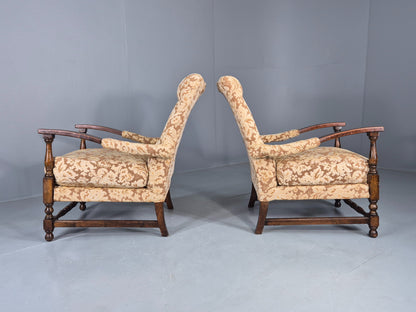 2 Utility Era Open Armed Lounge Chairs Wood Frames Floral Moquette 1940s EB12915