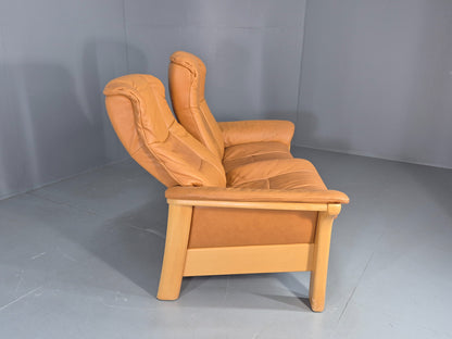 Vintage Stressless Windsor 2 seater Sofa Tan Leather Blonde Wood Frame Eb12590