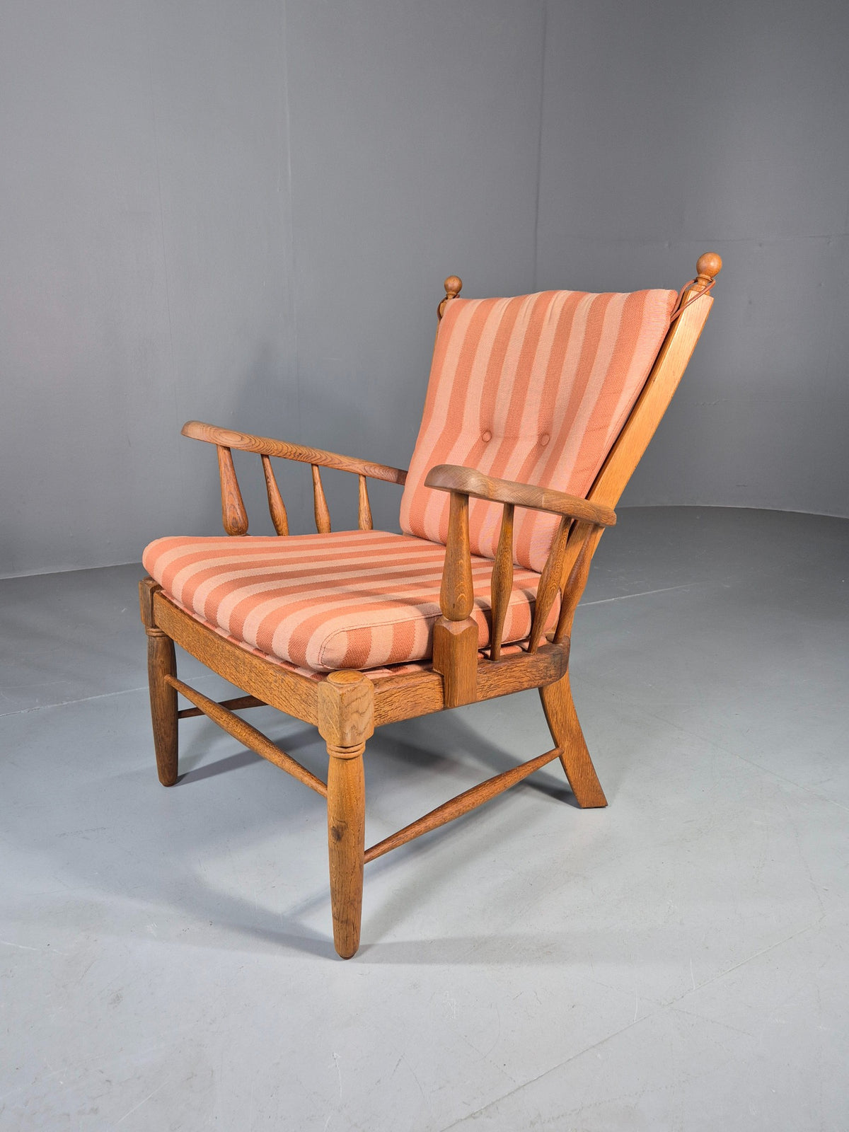 Vintage Danish Oak Lounge Chair 1950s Cottage Style Pink Striped Cotton EB12708
