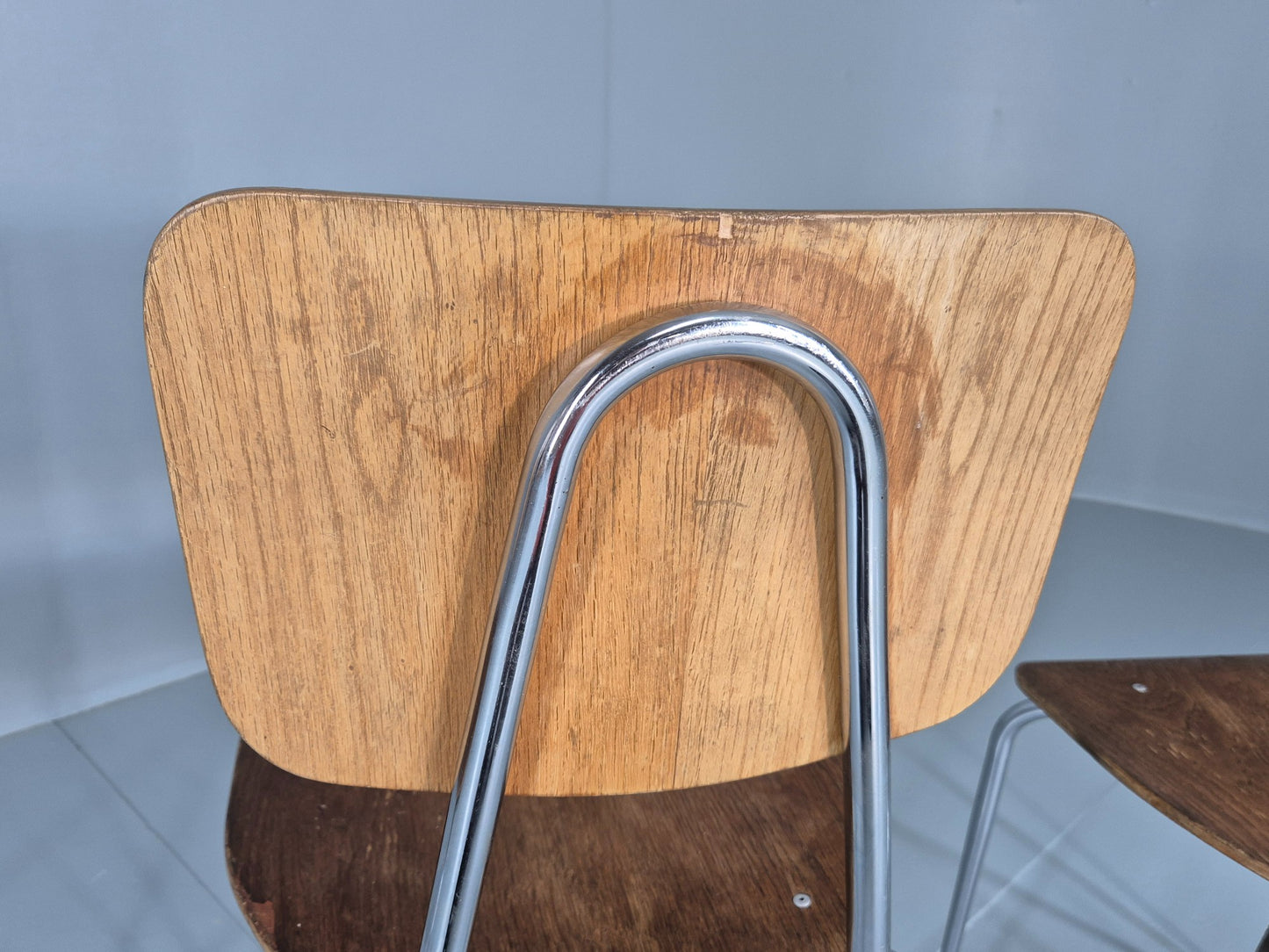 3 Vintage Danish Stacking Industrial Chairs Teak and Steel Retro 1960s EB12404