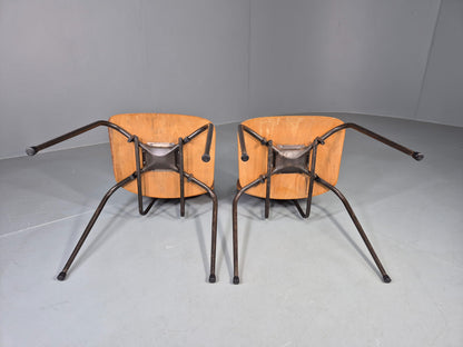 2 Vintage Danish Stacking Chairs Mid Century Industrial Teak Plywood EB13025