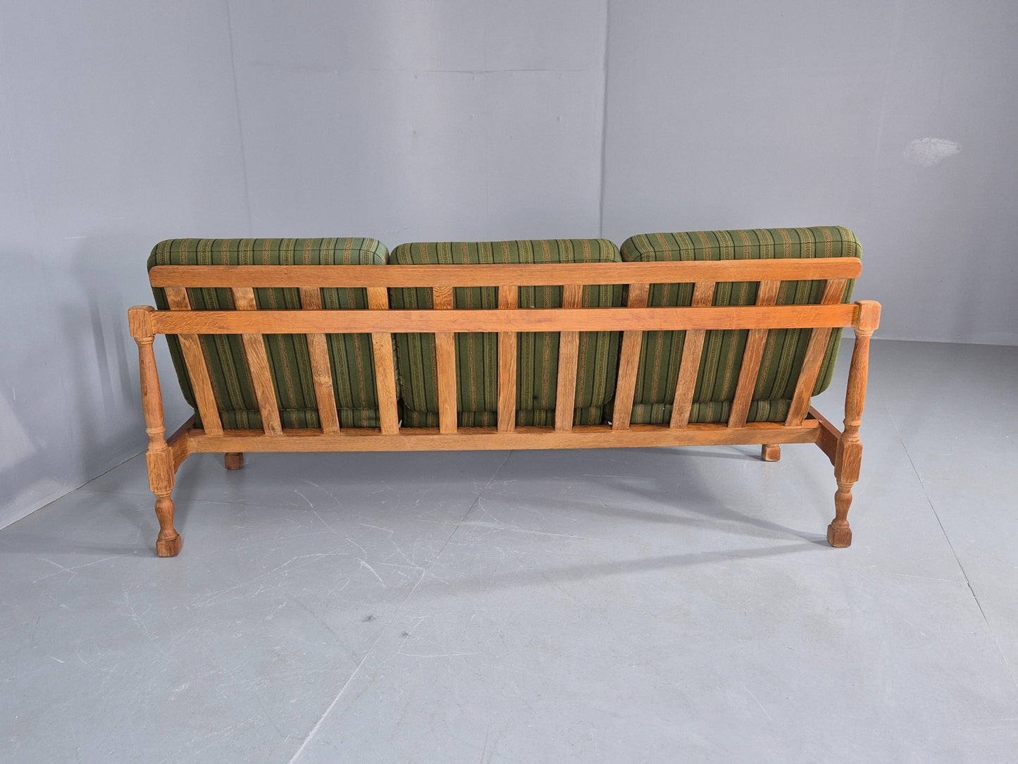 Vintage Danish 3 seater Sofa Oak Kjaenulf Green Cushions 1970s Retro  EB12775