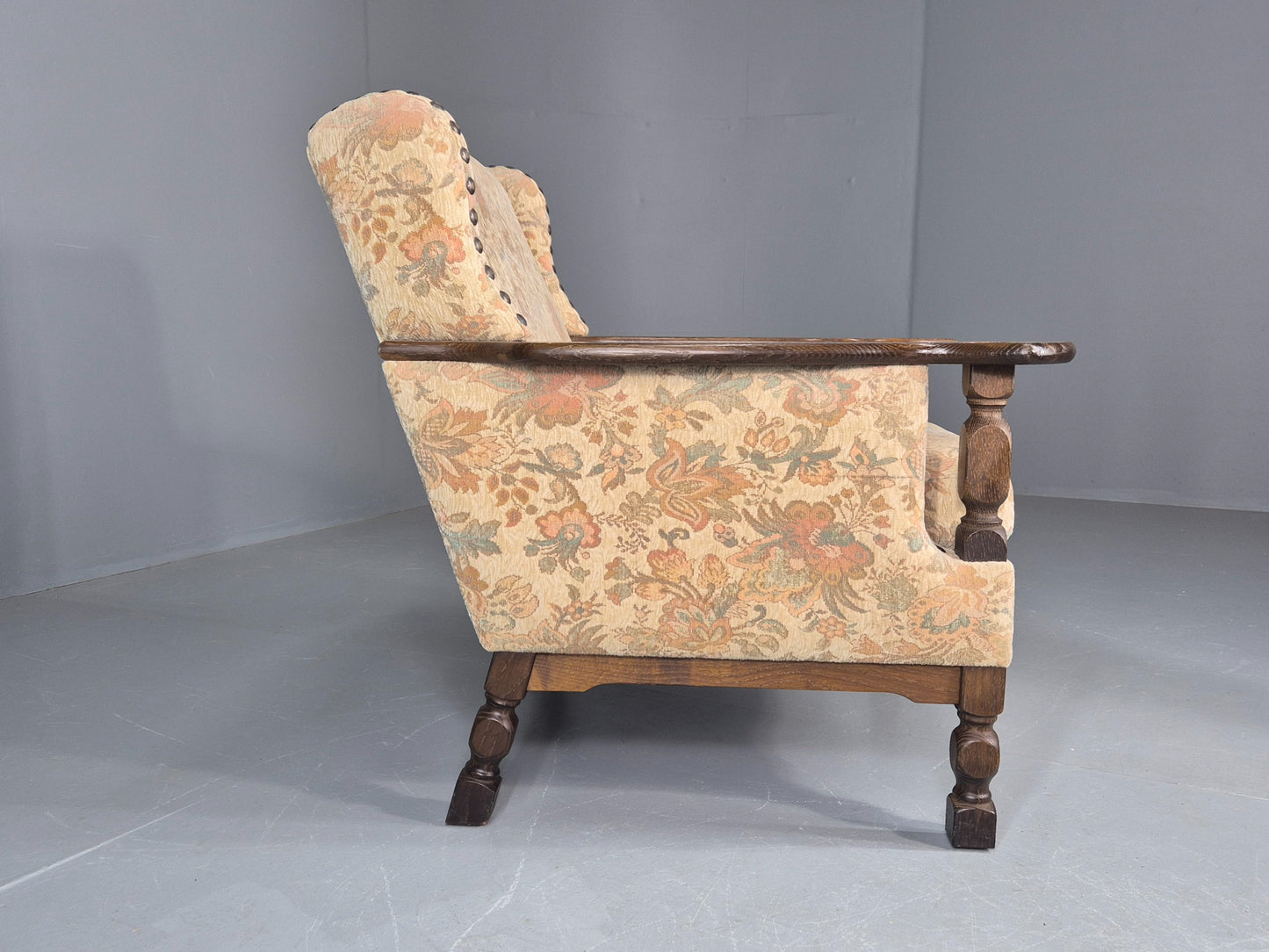 Vintage Danish Armchair Kjaernulf Style Floral Upholstery Oak Frame 1970 EB06690