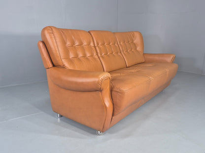 Vintage 3 Seater Sofa Tan Leather 1970s Danish Design Retro MCM EB12383