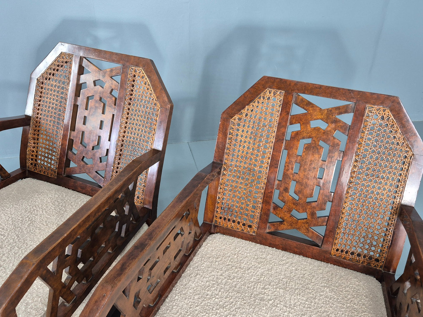 Vintage Art Deco Pair Armchairs Dappled Walnut White Boucle Bergere EB12556