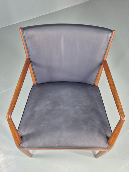 Vintage Mid Century Teak Armchair Blue Leather 1960s Retro EB11899