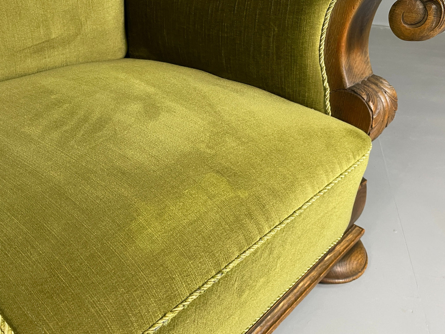 Antique 3 Seat Sofa Danish Oak Frame Green Velour 1900s EB06460