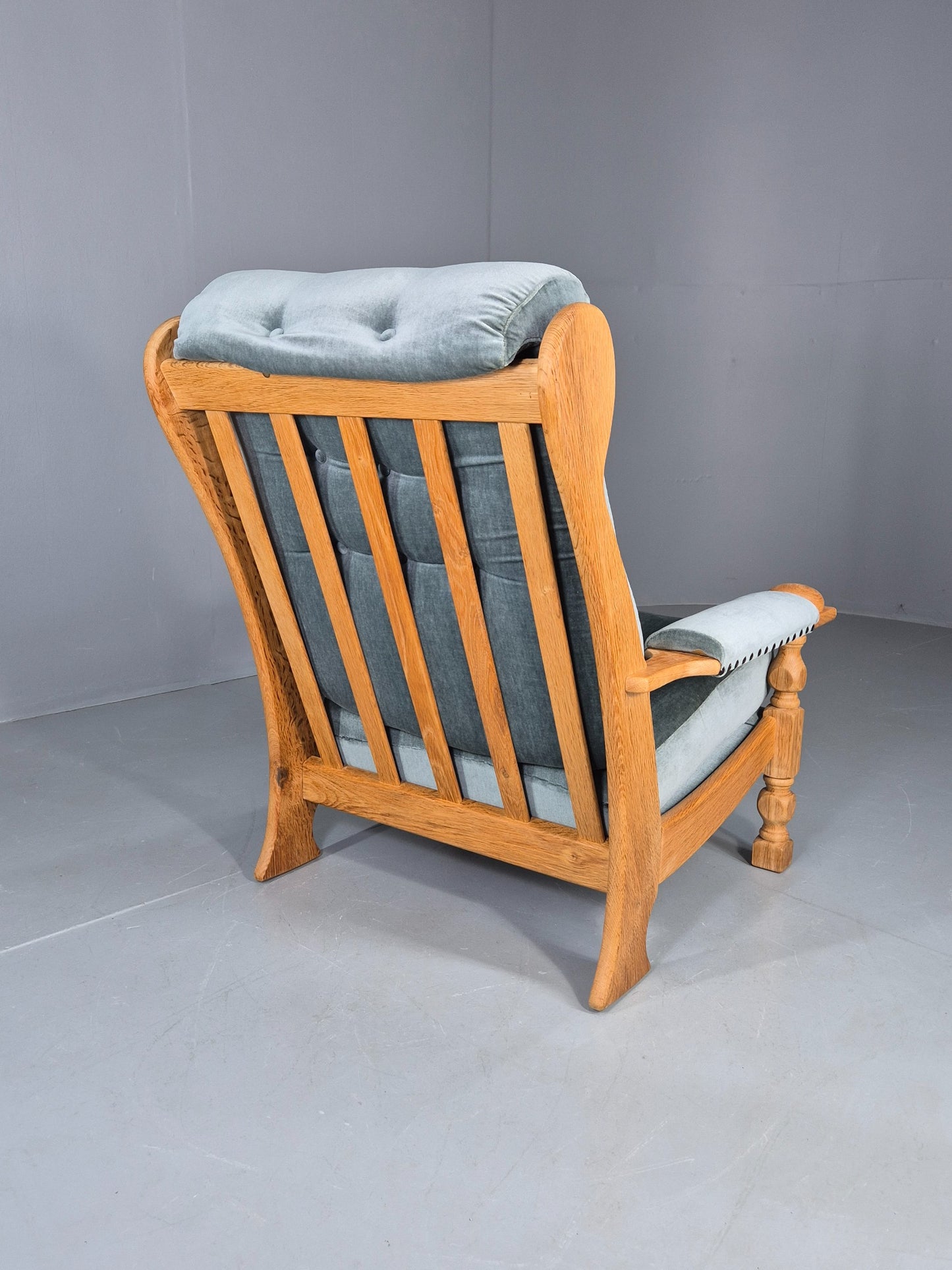 Vintage Danish 1970s Oak Lounge Chair Blue Velour Upholstery Retro EB12709