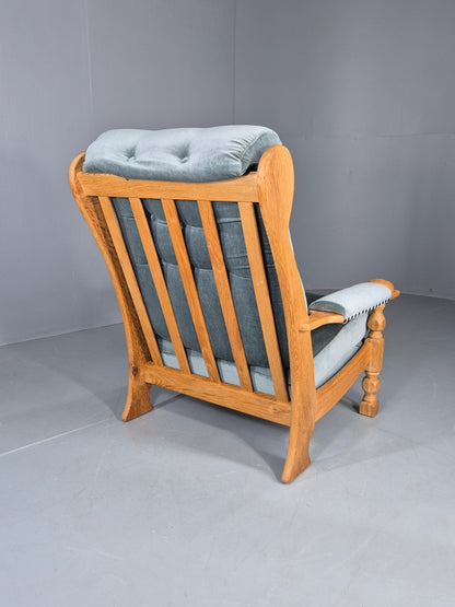 Vintage Danish 1970s Oak Lounge Chair Blue Velour Upholstery Retro EB12709
