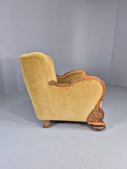 Vintage Danish Art Deco Lounge Chair Carved Oak Frame 1940s Green Floral 12838