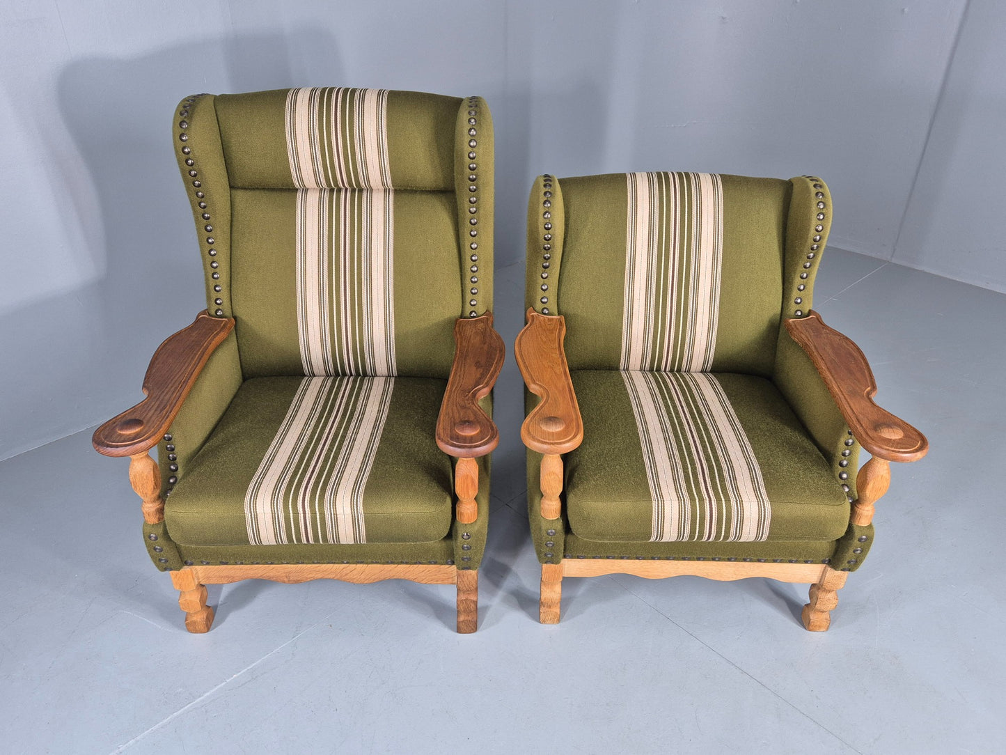 2 Vintage Lounge Chair Kjaernulf Style Oak Frames Green Wool 1970s Retro EB12687