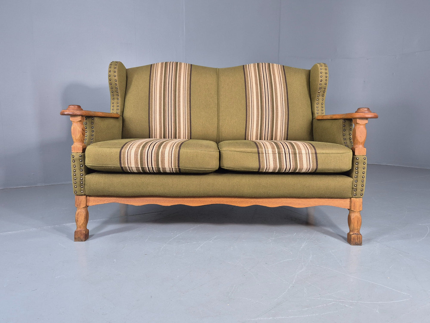 Vintage 2 Seater Sofa Danish Design Kjaernulf Style Green Wool Oak Frame EB12688