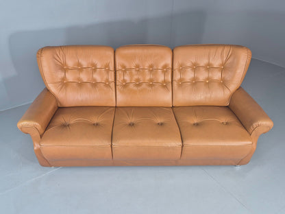 Vintage 3 Seater Sofa Tan Leather 1970s Danish Design Retro MCM EB12383